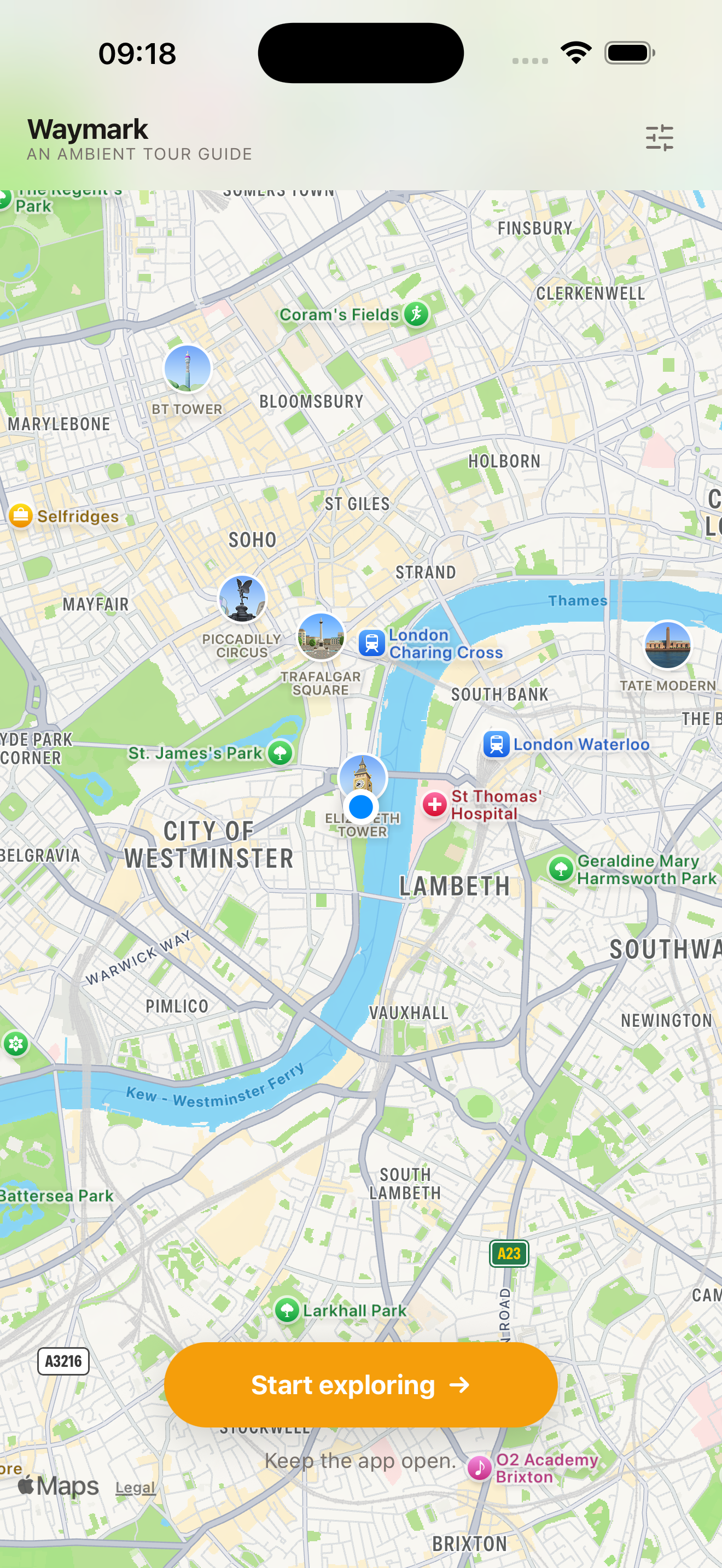 The Waymark map showing nearby places with a 'Start exploring' button