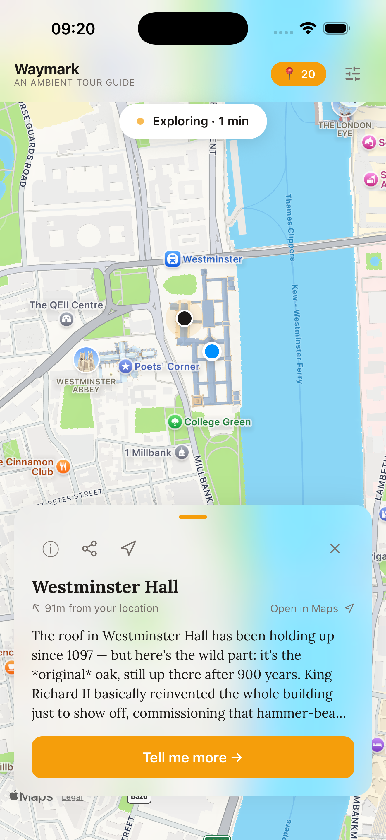 A story card for Westminster Hall slides up while a blue dot marks your location on the map