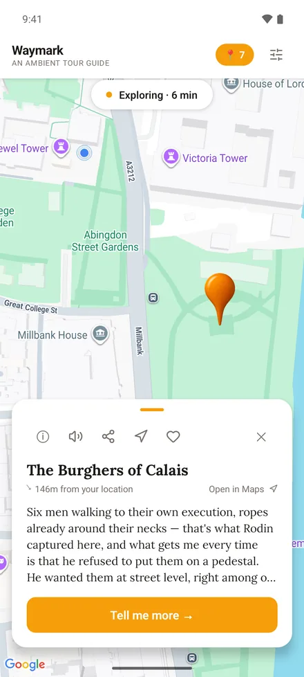 Waymark on Android showing a story card for The Burghers of Calais