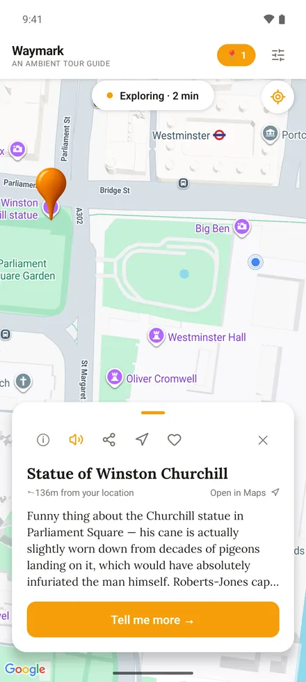 A story card for the Statue of Winston Churchill being read aloud, with the speaker icon highlighted