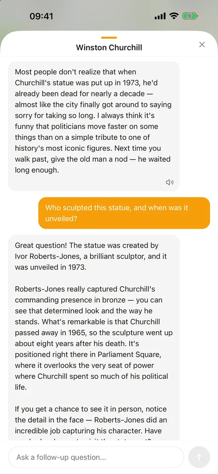 A conversation with the guide about the Winston Churchill statue and its sculptor