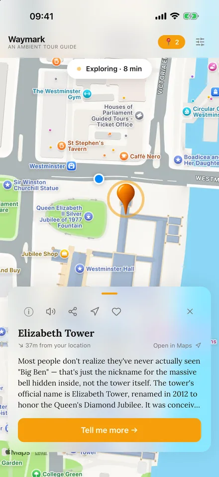 Waymark on iPhone showing a story card for Elizabeth Tower in Westminster