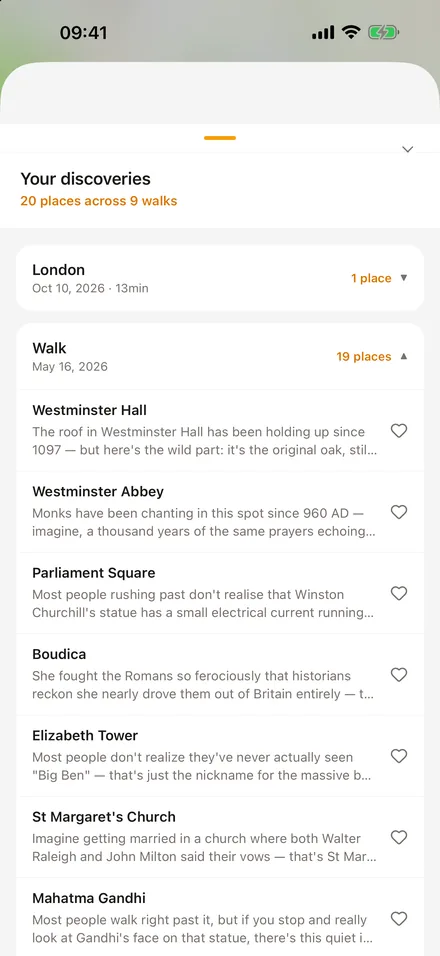 Your discoveries, grouped by walk, with Westminster Hall, Westminster Abbey and other places