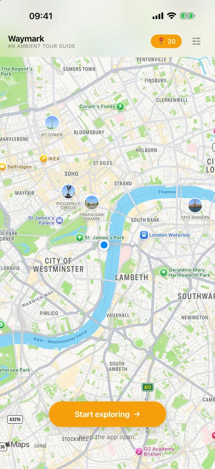 The Waymark map of central London with a Start exploring button